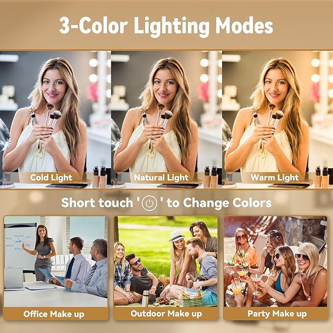 Hasipu LED Makeup Mirror with Bluetooth Speaker, 41" x 30" Makeup Mirror with Lights and Magnification, Hollywood Mirror with 3 Color Modes, LED Make up Mirror with USB & Type-C Charging