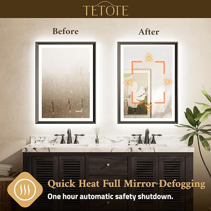TETOTE 48x40 LED Bathroom Mirror with Lights Black Metal Frame Front & Back Light Vanity Mirror Baroque Antifog Stepless Dimmable White/Warm/Natural,CRI90+,Waterproof,Wall Mounted(Horizontal/Vertical)