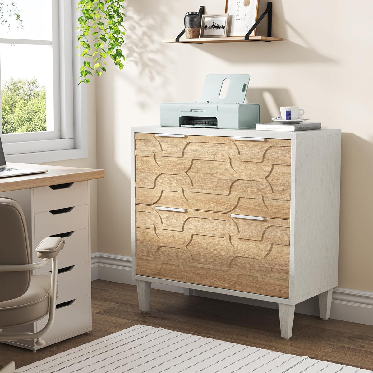 LITTLE TREE 2-Drawer File Cabinet, Lateral Filing Cabinet for A4/Letter/Legal Size, Office Storage Cabinet, Printer Stand with Storage Drawer for Home Office, Wood & White