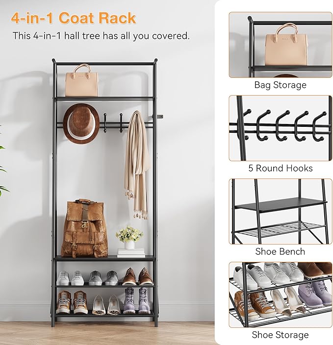 Coat Rack Hall Tree with Shoe Storage Bench, 4-in-1 Entryway Organizer, 5 Hooks & 3-Tier Shoe Rack, Freestanding Metal Frame for Hallway, Front Door