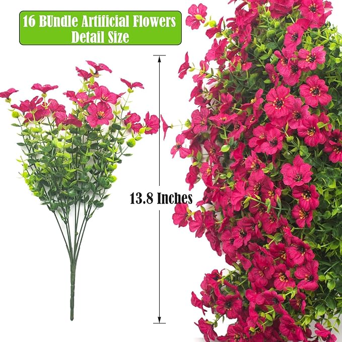 Artificial Fake Flowers for Outdoor Spring Decoration, 16 Bundles Faux Silk Colorful Daisy UV Resistant Realistic for Outside Porch Patio Home Yard Garden Planters Pots Window Box (Rose Red)