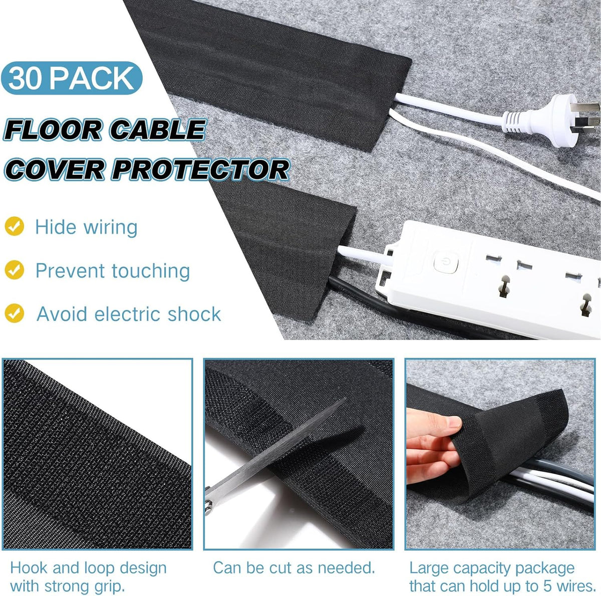 WILLBOND Cable Grip Floor Cable Cover Cords Cable Protector Cable Management Only for Commercial Office Carpet (Black,295.28 ft)