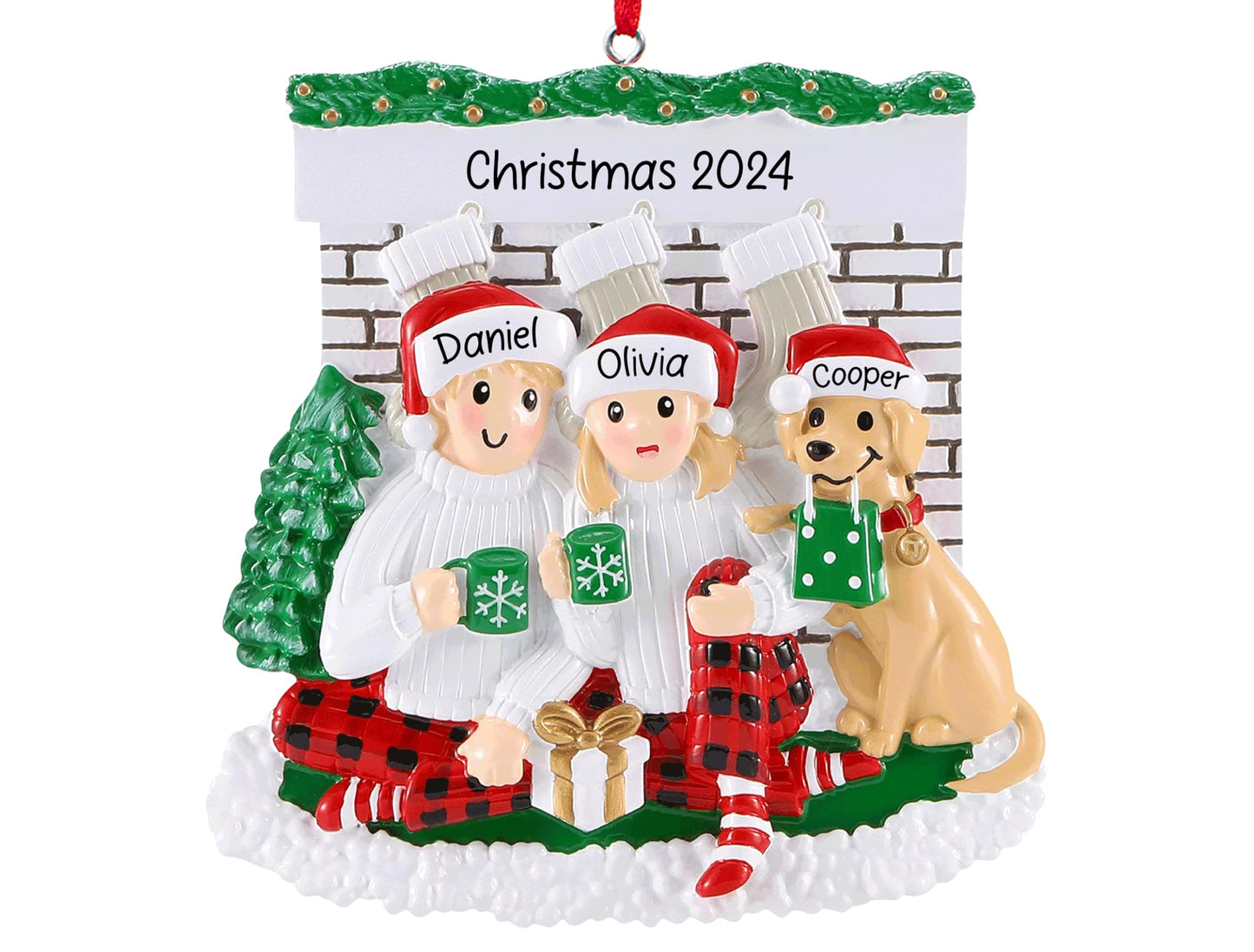 UniqXmas Personalized Couple with Dog Christmas Ornament 2025 | Customized Fireplace Family of 2 with Puppy Ornament for Xmas Tree | Our First Christmas with Dog, New Dog Keepsake – Custom Name & Year