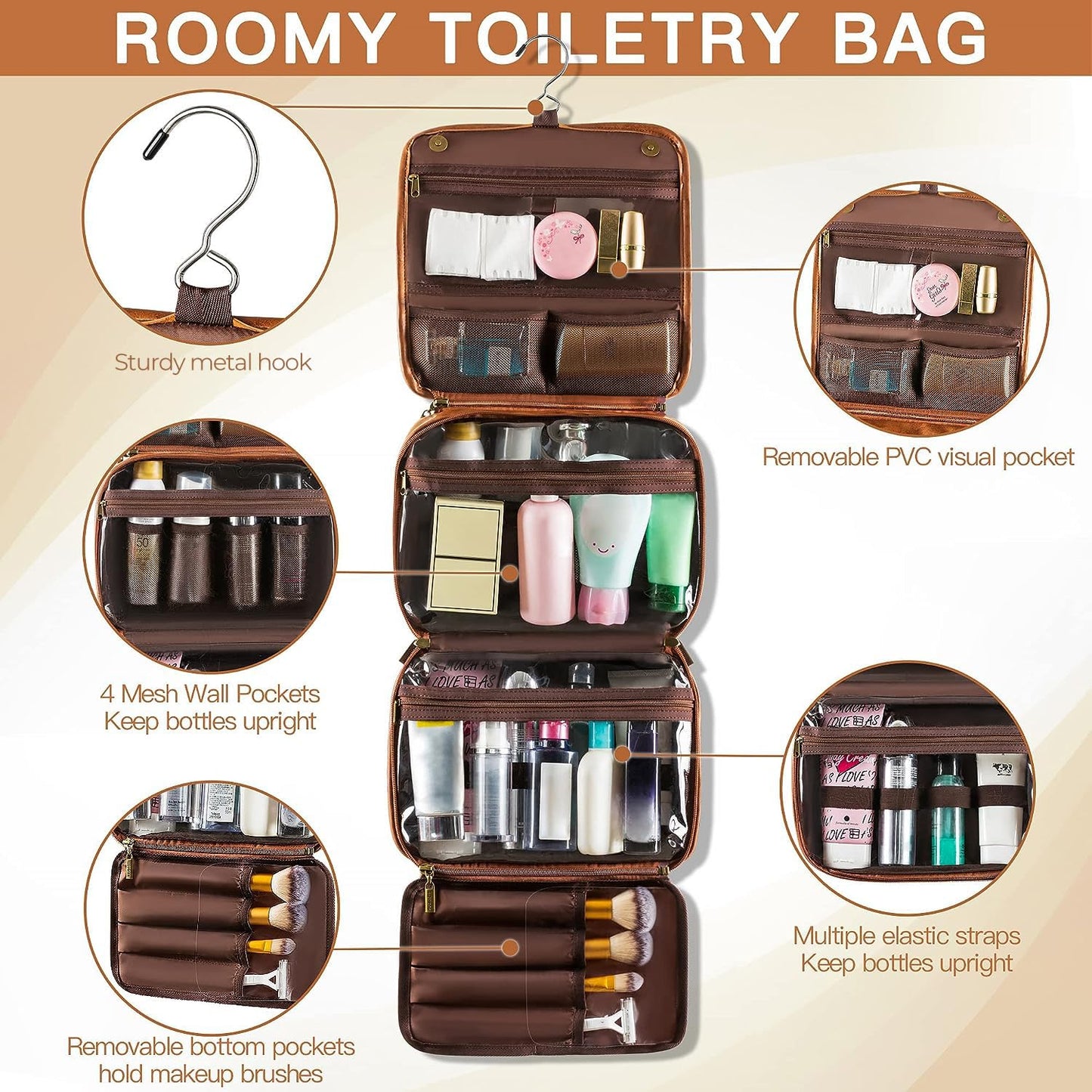 Elviros Hanging Toiletry Bag for Men Travel Essentials 3-in-1 Large Waterproof Dopp Kit PU Leather Shaving Bag with Separate Compartments for Grooming and Toiletries Mens Gift