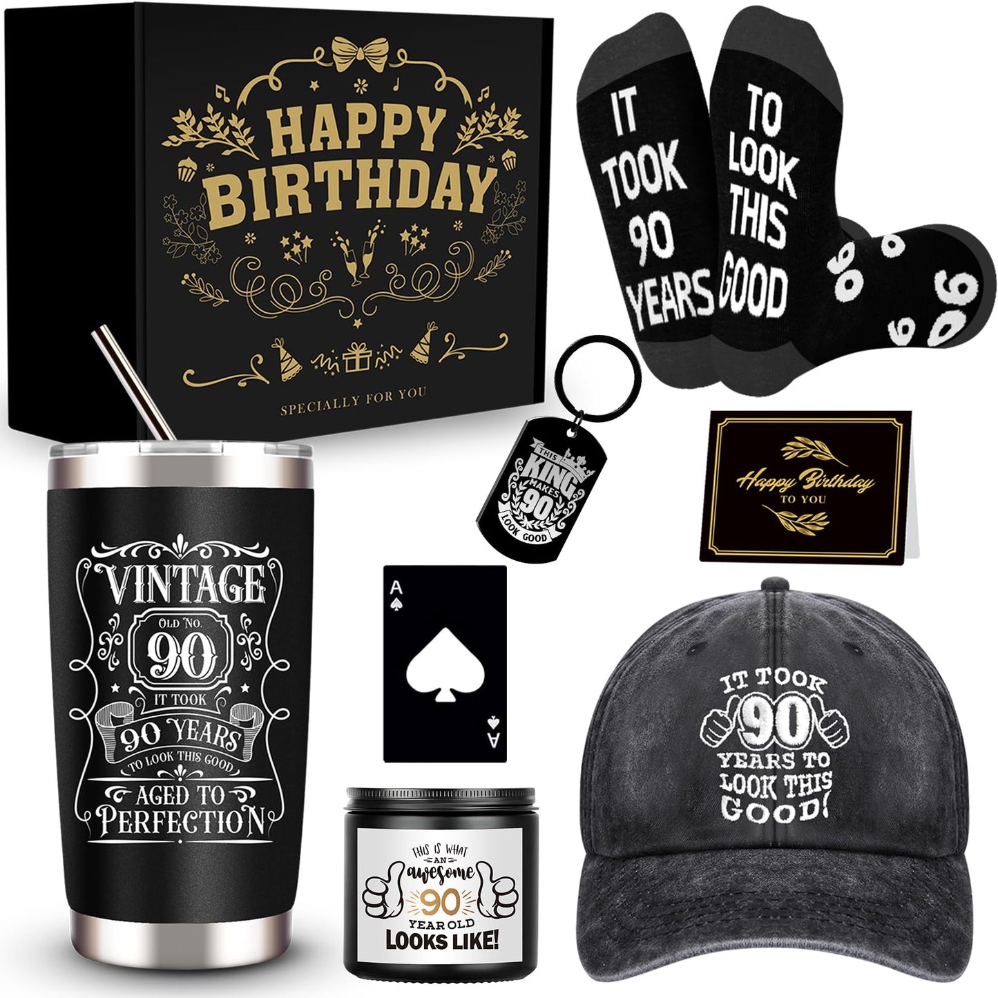 JTAMOHI 90th Birthday Gifts for Men - Unique Box with 20 Oz Tumbler, Scented Candle, Socks, Baseball Cap for Husband, Dad, Grandpa, Friends, Teachers, Boss
