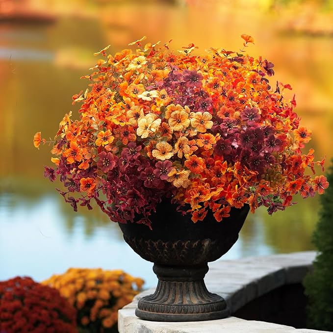 16 Bundles Artificial Fall Flowers Outdoor UV Resistant Faux Daisy, Colorful No Fade Autumn Decor for Front Door Porch Patio Yard Balcony Thanksgiving Christmas (Fall Mix)