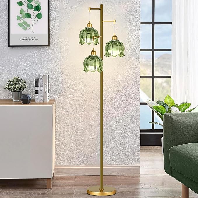 Vintage Floor Lamps for Living Room Bedroom-3 Light Gold Floor Lamp with Glass Lampshape, Flower Green Tall Lamp Mid Century Modern Standing Lamp Tree Floor Lamp for Bedroom Living Room Corner
