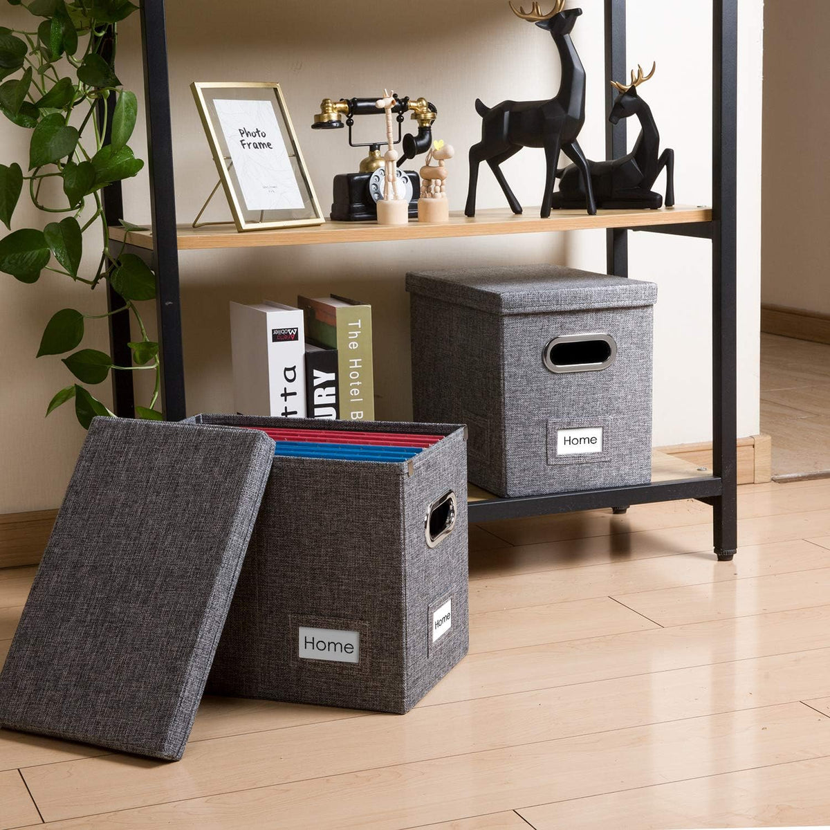 PRANDOM File Organizer Box - Set of 1 Collapsible Decorative Linen Filing Storage Hanging File Folders with Lids Office Cabinet Letter Size Grey (14x9.3x10.8 inch)