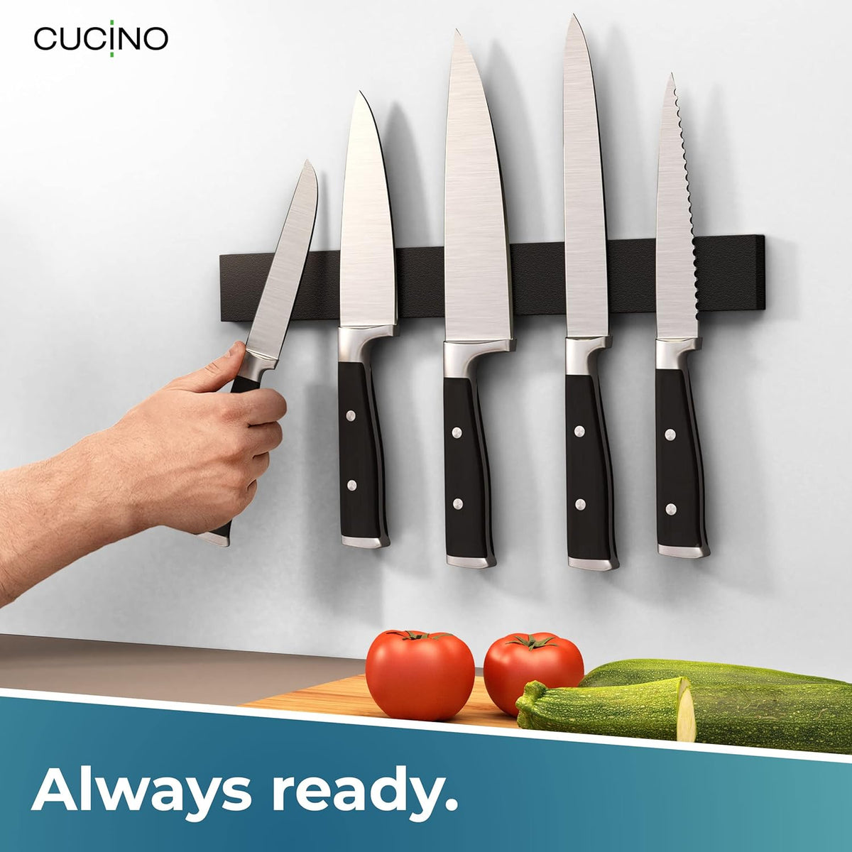 CUCINO Magnetic Knife Holder for Wall 16" No Drilling incl. Self Adhesive Tape - Extra strong Knife Holder - Awarded Knife Magnetic Strip - Made of Stainless Steel - black