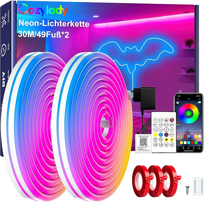 Cozylady 120Ft (60Ft * 2 Rolls) RGB LED Neon Rope Lights for Bedroom, 36m LED Strip Lamp with Double Sided Adhesive Tape, App/Remote Control DIY Lights Decorate The Outdoor and Indoor of Your Home