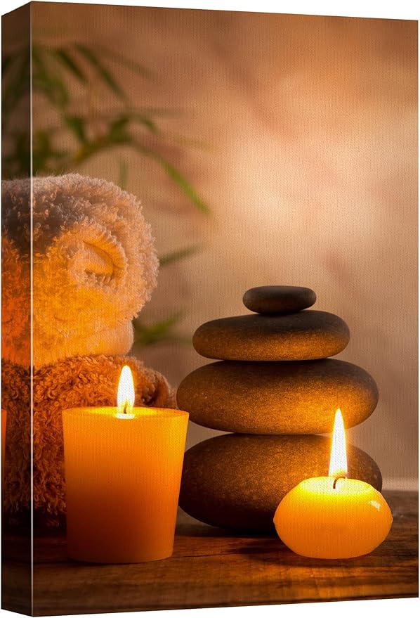 wall26 Canvas Print Wall Art Massage Stones with Atmospheric Candles Floral Nature Photography Realism Zen Scenic Relax/Calm Multicolor for Living Room, Bedroom, Bathroom, Office - 12"x18"