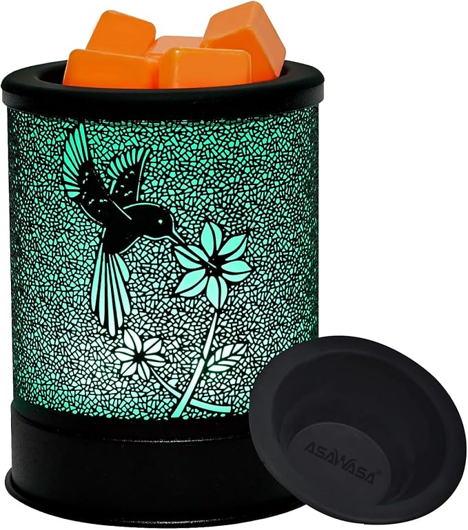 ASAWASA Metal Wax Warmer Electric,Wax Melt Warmer Candle Burner and Wax Melter with 7 Colorful Changing Lights & 1 Silicone Dishes for Office Home Decor(Colorful Hummingbird)
