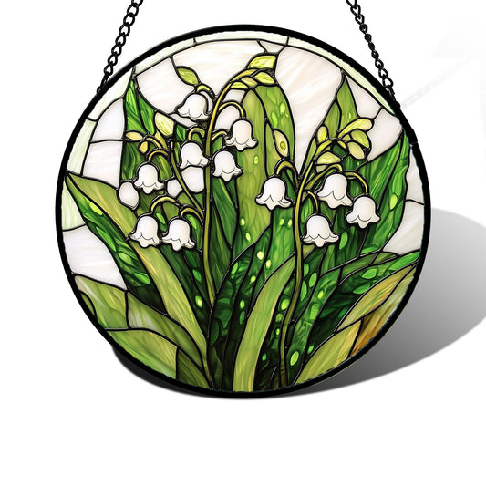 DASTOLL Stained Glass Window Hanging, Lily of the Valley Flower Sun Catchers Colorful Glass Panel Green Plants Suncatcher Decor for Birthday for Women, Men,Wife, Lovers, and Mom 9.8 in