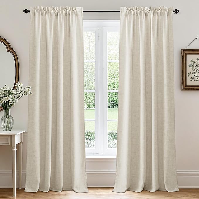 RYB HOME Living Room and Bedroom Curtains and Drapes Linen Sheer, Light Filtering Curtains 84 inches Long, Weave Textured/Rod Pocket, Cream Colored, W 52 x L 84 inches, 2 Panels Set