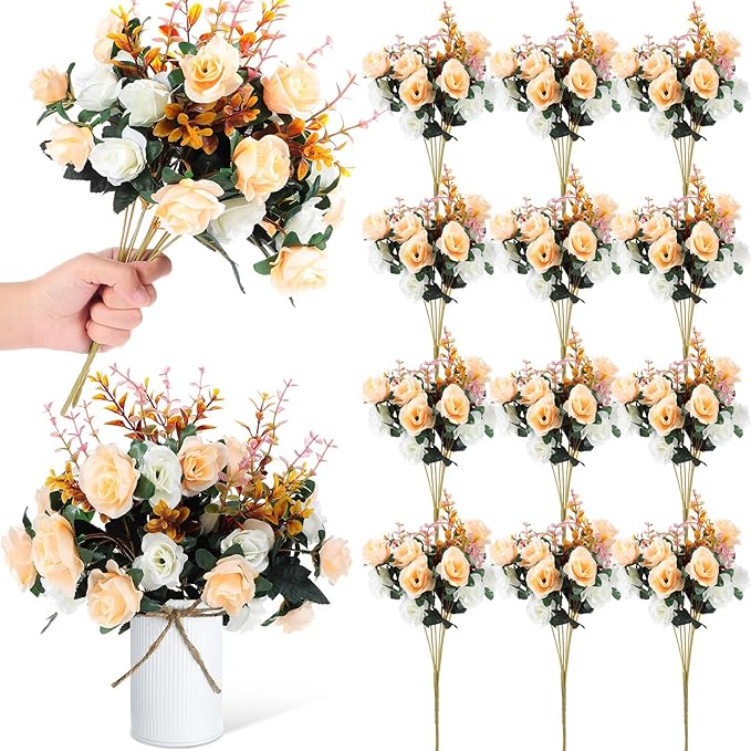 Hotop 12 Bunches of Artificial Flowers Centerpiece 13 Inches Silk Faux Roses Bouquets for Table Decoration Realistic Bouquet Arrangement Boho Faux Flowers for Wedding (Champagne)