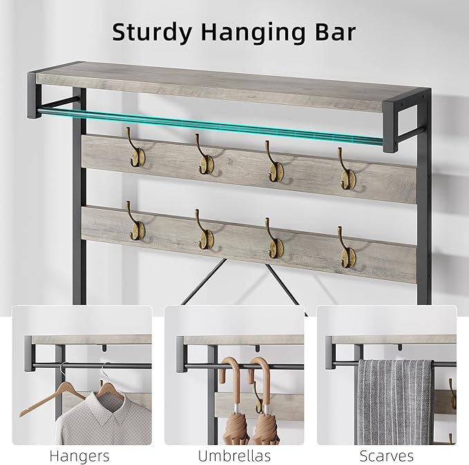 IDEALHOUSE Coat Rack Shoe Bench Industrial Hall Tree Storage Bench for Entryway Wood Look Accent Large Shoe Rack with Storage Shelf Hanging Bar,8 Hooks Grey 39.9"x15.7"x72"