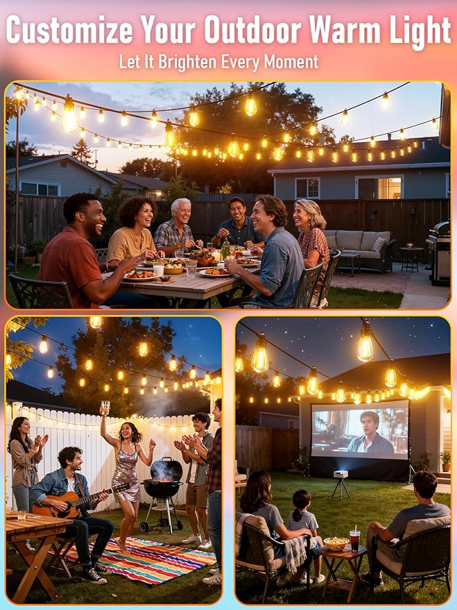 200FT LED Outdoor String Lights with 60 Edison Shatterproof IP65 Waterproof Bulbs, 2700K Dimmable Commercial Grade Patio Lights, Heavy Duty Outside Hanging Light for Garden Decor