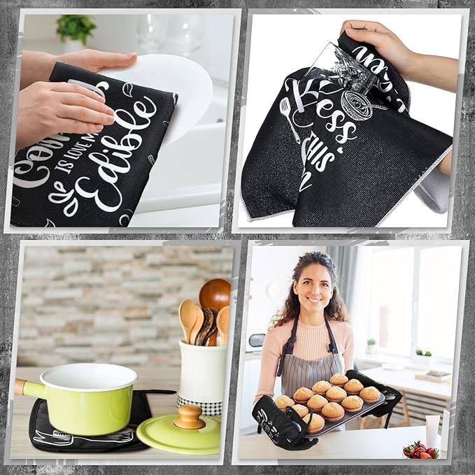 Fourluoo 10 Pcs Black Kitchen Decor and Accessories Black Kitchen Towels Rugs Oven Mitts and Pot Holders Set Gloves Vintage Potholders for Baking Cooking Chef