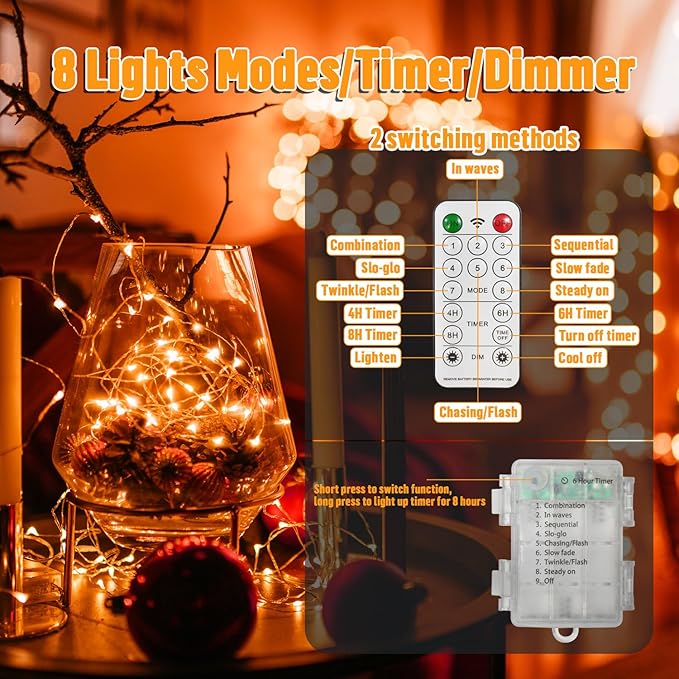LAMPHOME Orange Fairy Lights, 100 LED 33ft Battery Operated Halloween Lights with Remote, 8 Modes Twinkle String Light for Halloween Thangksgiving Fall Tree Indoor Outdoor Decoration