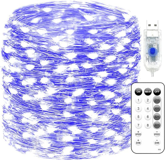 Fairy Lights 66ft 200 LED USB Twinkle String Lights Plug in Silver Wire Lights with Remote and Timer 8 Modes Outdoor Waterproof Starry Lights DIY Party Wedding Christmas Decoration（Blue）