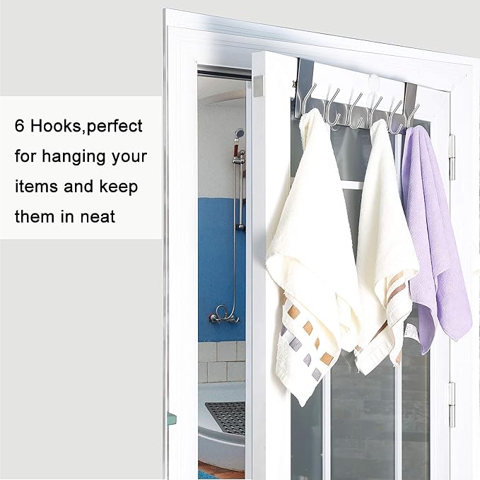WEBI Over The Door Hook Door Hanger:Over The Door Towel Rack with 6 Coat Hooks for Hanging,Towel Hanger Door Coat Hanger Over Door Coat Rack for Towels,Clothes,Back of Bathroom,Silver,2 Packs