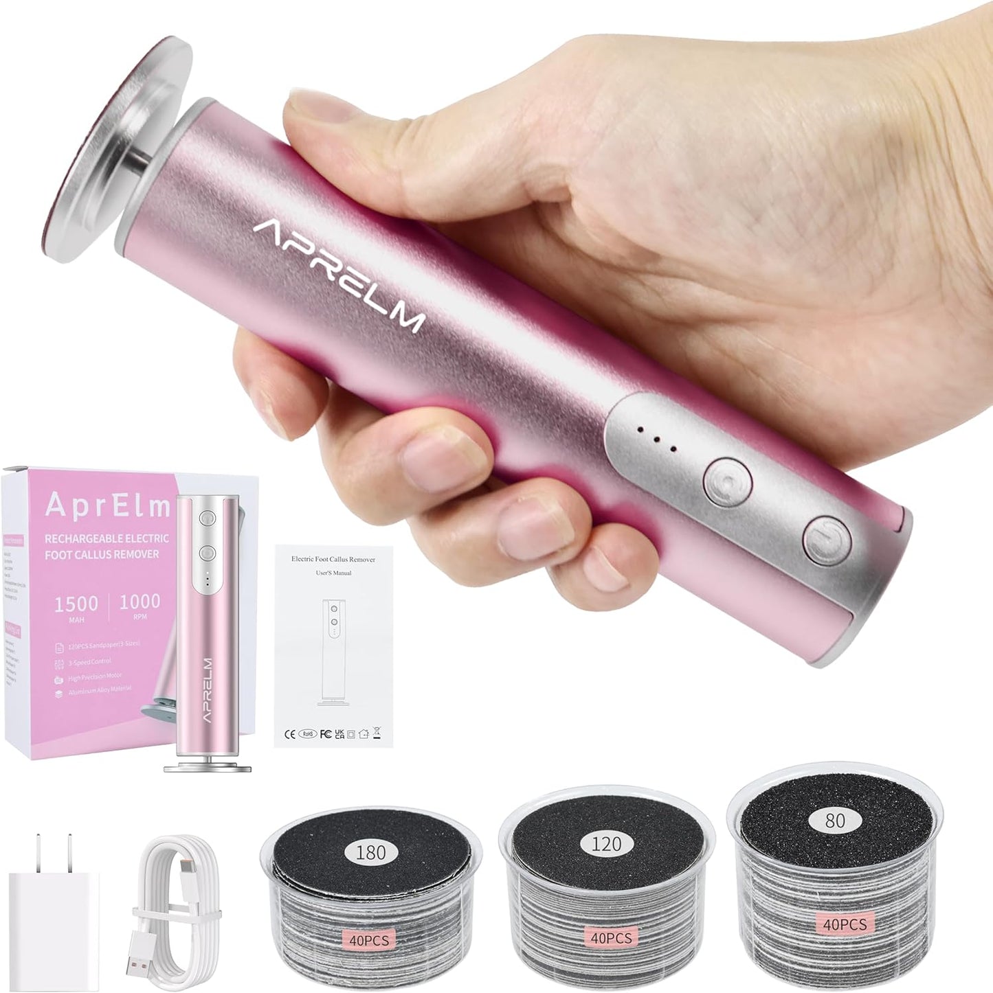 Rechargeable Electric Foot Callus Remover with 3-Sizes 120Pcs Sandpaper Discs, Professional 900RPM 3-Speed Control Aluminum Electric Foot File with Adapter Cable (E3 Rose Pink)