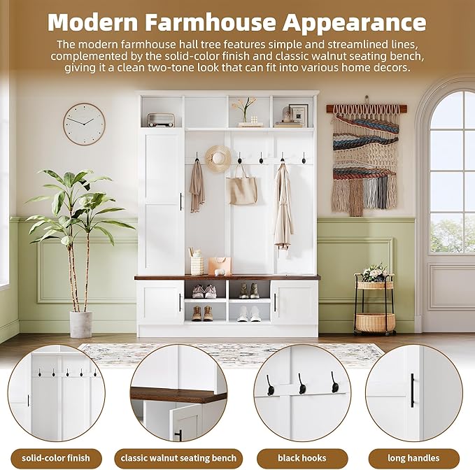 Modern 55‘’ Wide Hall Tree with 6 Hooks, Wood Brown Grain Minimalist Shoe Cabinet with Adjustable Shelves, Versatile Entryway Coat Rack for Living Room Hallway (White-11A)