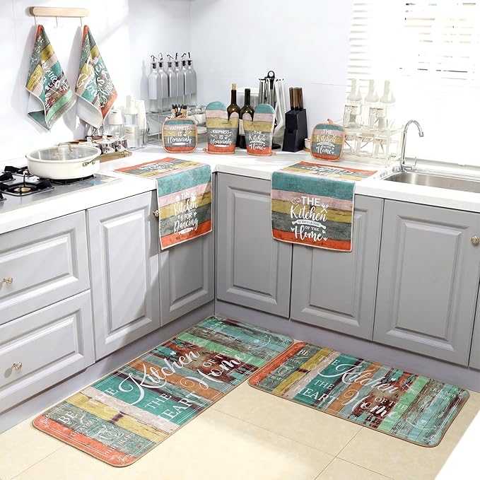 Fourluoo 10 Pcs Farmhouse Kitchen Decor and Accessories Set 4 Kitchen Towels 2 Pot Holders 2 Oven Mitts 2 Rugs for Cooking Baking Mom Housewarming Gifts(Vintage Wood Grain,Classic Style)