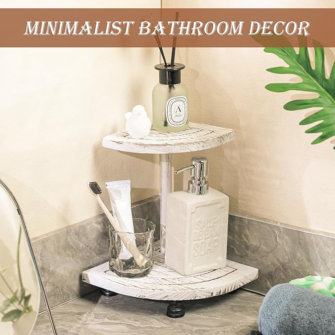 Tikea Decorative Wood Riser for Display, 2-Tier Farmhouse Corner Shelf for Kitchen Bathroom Counter Decor, Farmhouse Riser for Soap Dispenser, Decorations and Plant (White)