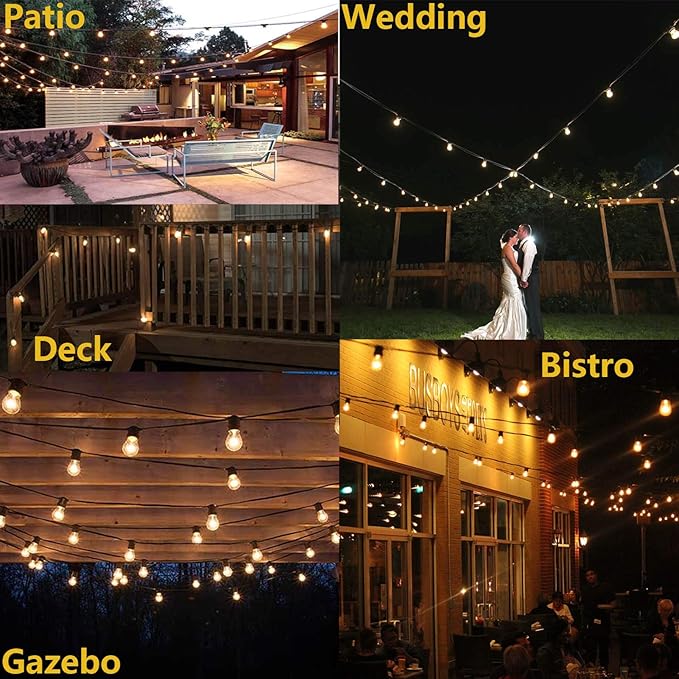 Outdoor String Light 48FT LED Heavy-Duty Patio Lights String Linkable with Shatterproof 15 LED Bulbs for Outside Cafe Porch Market String Lights