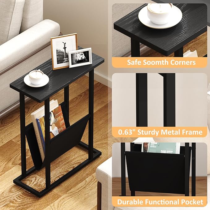 Yusong Narrow Side Table for Small Spaces, Small End Table with Magazine Holder, Skinny Slim Little Thin Table for Living Room, Bedroom, Sofa, Black Oak