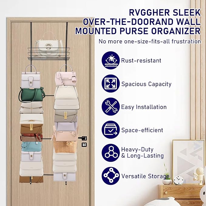 Over the Door Purse Organizer with 16 Hooks and Storage Basket, Wall Mounted Handbag Organizer, Purse Organizer for Closet Holds up to 16 Bags, Purse Holder for Door Has Split Design