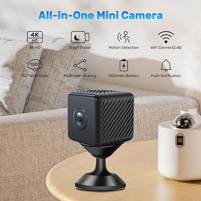 Wireless Home Camera Mini WiFi Security Camera 4K Small Cameras House Indoor Outdoor Cam Tiny Door Pet Cameras Nanny Wireless Camara Smart Motion Detection Surveillance Home Office No Need WIFI Camera