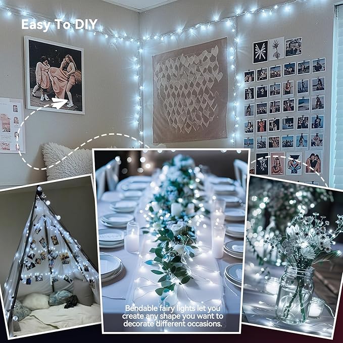 LitHome 6 Pack Cool White Fairy Lights Battery Operated, 20 FT 60 LED Twinkle Lights Battery Operated 2 Modes, Waterproof Led Fairy String Light for Indoor Outdoor Christmas Wedding Bedroom Decor