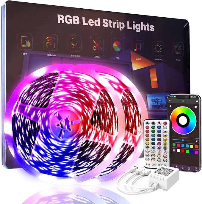 50 FT Led Lights for Bedroom,Lntelligent Application Remote Control Color Change LED Strip Lights, Music Synchronization Bluetooth RGB Lights, Used for Room, Home, Party Decoration
