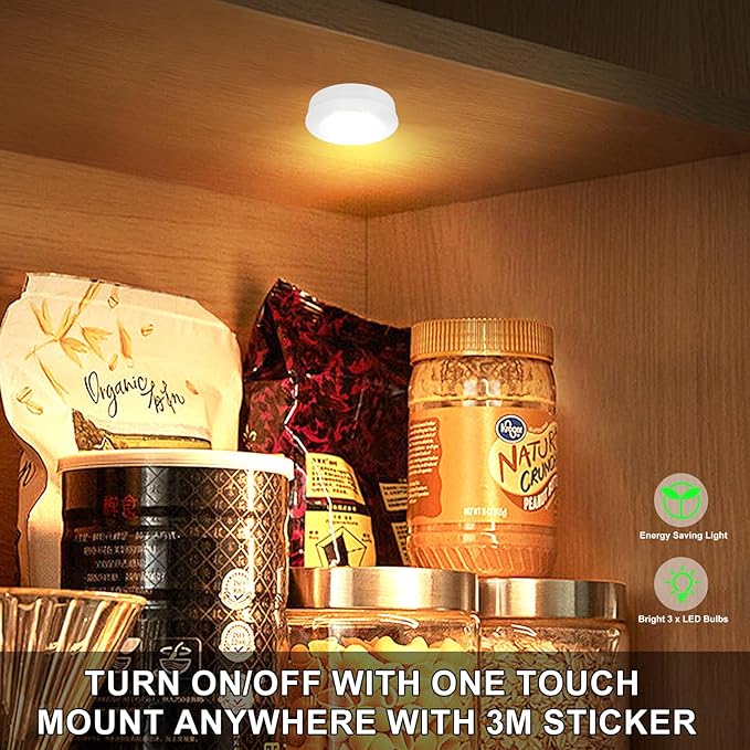 Wireless LED Puck Lights, Touch Activated Tap Ligh Push Light,Battery Operated Stick On Lights for Under Cabinet, Kitchen, Closet & Counters, 6-Pack, White (3 AAA Batteries Included)