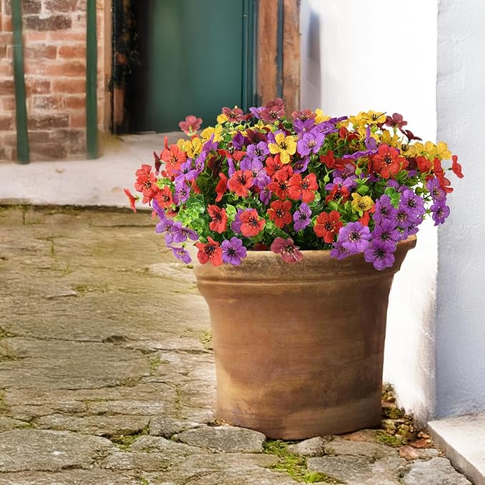 Artificial Flowers Faux Plants Outdoor Fake Flowers Spring Decor,12 Bundles Outdoor Flower Plastic Plant Colorful Daisy UV Resistant for Porch Patio Yard Garden Pot Planters