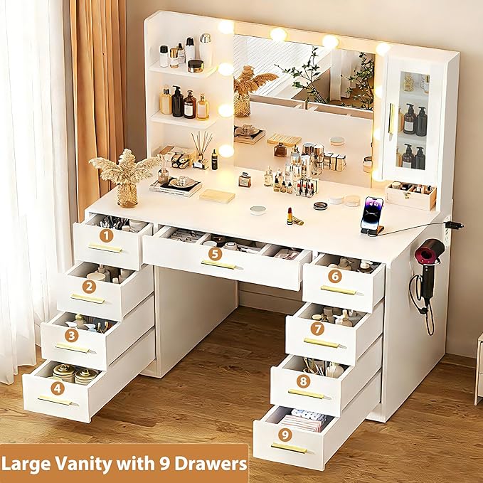 Vanity Desk with Mirror and Lights, Large 43" Makeup Vanity Desk with 9 Drawers and Power Outlet, 3 Open Shelves, White and Gold