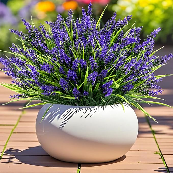 Geegoods 48 Bundles Artificial Plants Flowers Outdoor – Faux Lavender Flowers with Monkey Grass UV Resistant Plastic Faux Plants for Garden Porch Window Patio Hanging Planter Home Decor