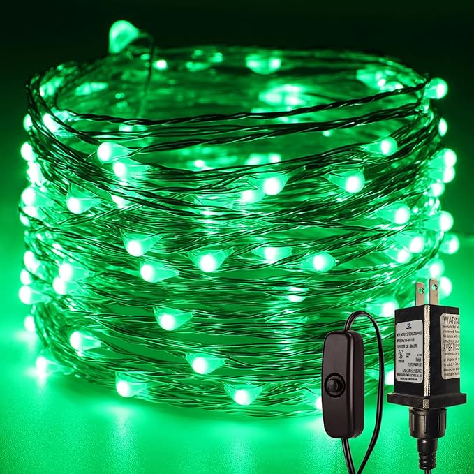 RUICHEN Plug in Fairy Lights with Switch, Waterproof 33 Ft 100 LED Silver Wire Starry String Firefly Lights for Christmas, Halloween, St. Patrick's Day, Parties, Ceiling, Vases, Craft, Green