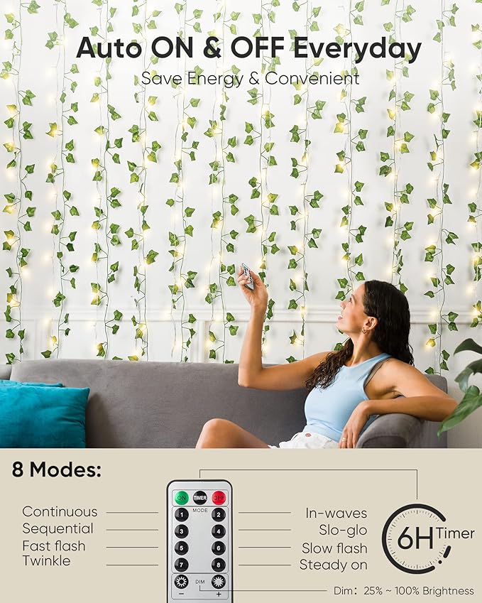 JACKYLED 84Ft 12 Pack Artificial Ivy Garland Fake Plants with 240 LED Curtain Lights USB Plug in/Battery Operated, 8 Modes Fairy String Light with Remote Control, for Bedroom Wall Decorations