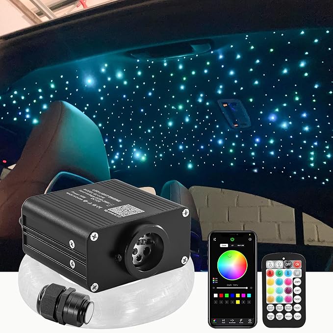 16W Starlight Headliner Kit 300pcs 0.03in 9.8ft, Twinkle + Sound Activated Compact Size Fiber Optic Star Roof Lights for Car with APP/RF Remote
