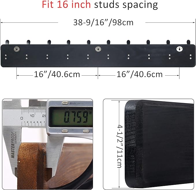WEBI Coat Rack Wall Mount,38 9/16" Long,10 Tri Hooks for Hanging Coats,16" Hole to Hole,Wood Coat Hooks Wall Mounted,Wall Coat Hanger for Clothes,Jacket,Hats,Rustic Black,2 Packs