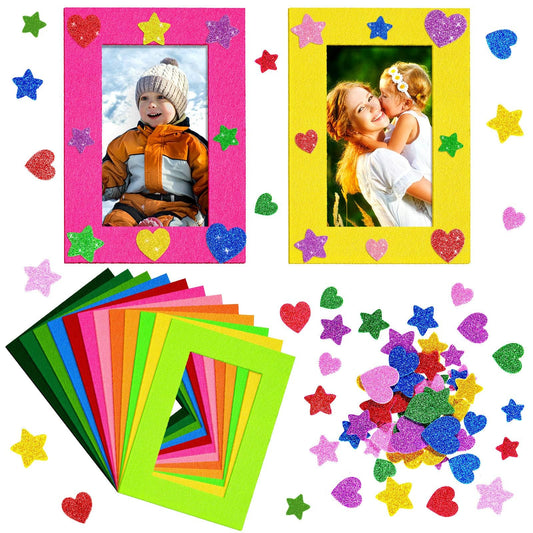 Jetec 24 Pieces Colorful Felt Photo Frames Holiday Picture Frames and 50 Pieces Colorful Glitter Foam Stickers for Home and Office Decoration 4 x 6 Inch Photos, 12 Colors