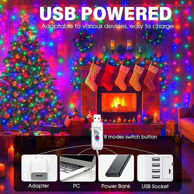 Fairy Lights 66ft 200 LED USB Twinkle String Light Plug in Silver Wire Lights with Remote and Timer 8 Modes Outdoor Waterproof Starry Lights DIY Party Wedding Christmas Decoration（Multicolor）