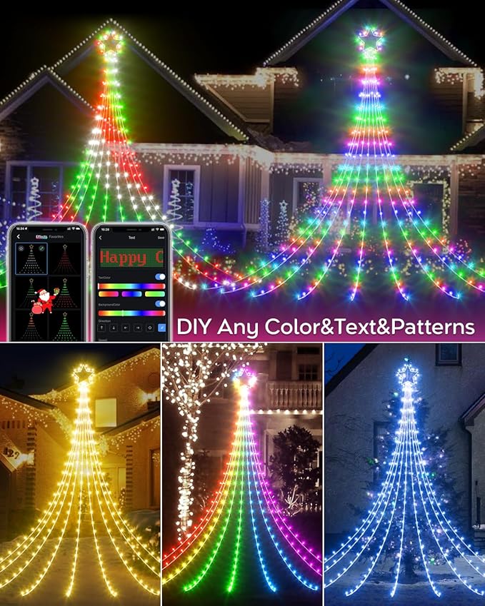 Smart Valentine's Lights Outdoor - 16.5ft App Controlled Color Changing LED Star String Lights with Music Sync, Custom Text & Pattern Design, 100+ Effects, Waterfall Star for Yard, Garden, Home Decor