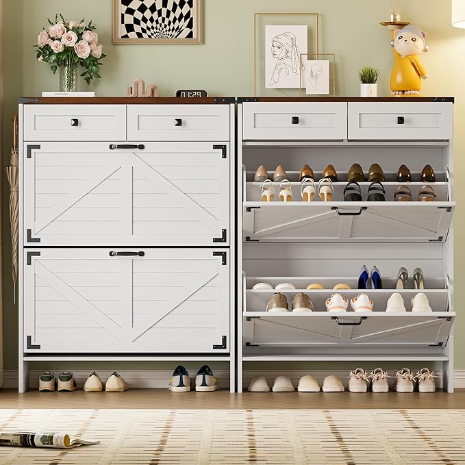 Shoe Cabinet with Odor Control Deodorizer and Back Panel, Farmhouse Narrow Shoe Storage Cabinet Rack for Entryway with 2 Flip Drawers and 2 Top Drawers, Adjustable Shelves, Side Hooks