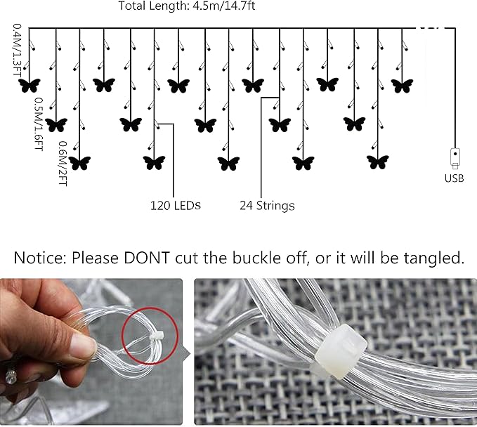 Butterfly Curtain Fairy Light, 8 Modes 120 LED USB Window Firefly Twinkle Timer String Lights 24 Butterflies with Remote, Waterproof Copper Wire for Room Bedroom Christmas Wedding Party Dorm Patio