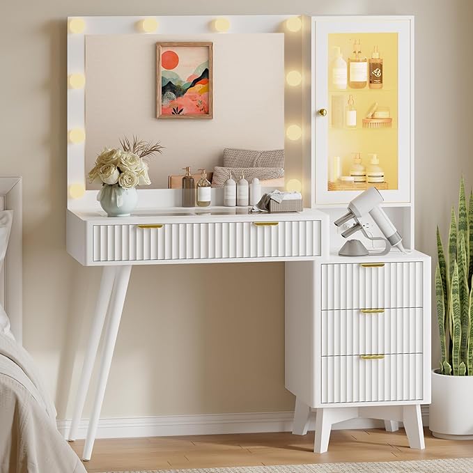 45'' Fluted Makeup Vanity Desk with LED Lights Mirror & Charging Station, Modern Glass Top Vanity Table with 5 Drawers & Glass Cabinet, Dressing Table for Bedroom, Living Room, White