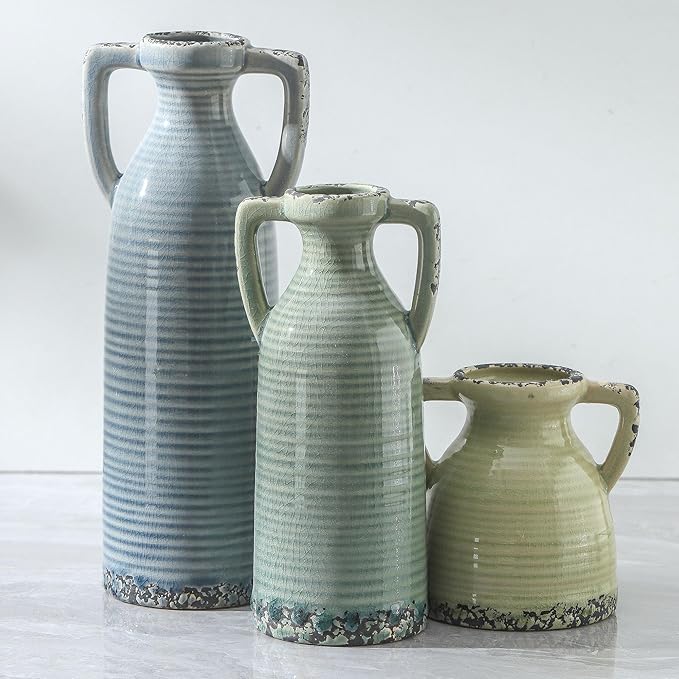 Ceramic Vase Set of 3 - Farmhouse Vase Set for Modern Decoration, Rustic Crackle Round Vases for Home Decor, Dining Table, Living Room, Kitchen, Office, Shelf - Multicolor